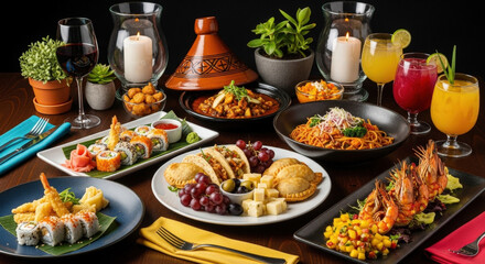International feast with sushi, empanadas, pasta, and shrimp platters