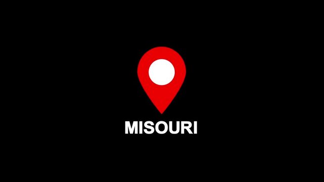 Red location pin icon with white circle and the word Misouri on black background map marker navigation.Location or map pin icon symbol set. Location pointer.