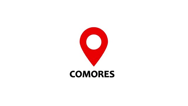 Red location pin icon with white circle and the word Comores on black background map marker navigation.Location or map pin icon symbol set. Location pointer.