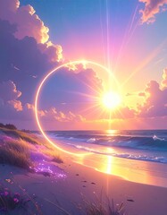 Dreamy Beach Sunset with Circular Halo and Pastel Skies.