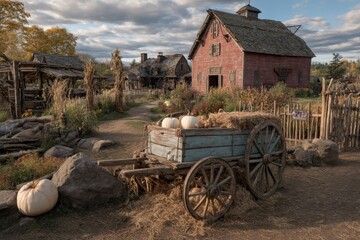 Obraz premium outdoor wooden cart filled with pumpkins and hay in rustic farm setting, red barn in background, golden sunlight, autumn festival mood, no text.