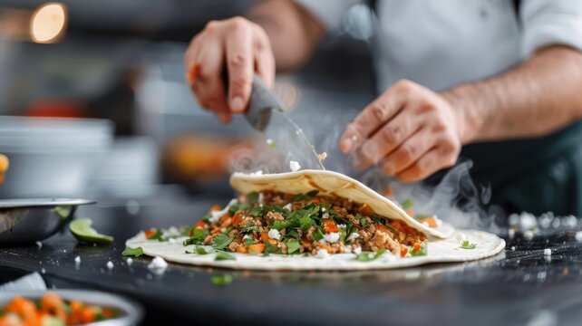 A street food vendor assembling a tlayuda, a large crispy tortilla with various toppings.