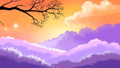 Dreamy Landscape with Purple Mountains and Golden Sky.