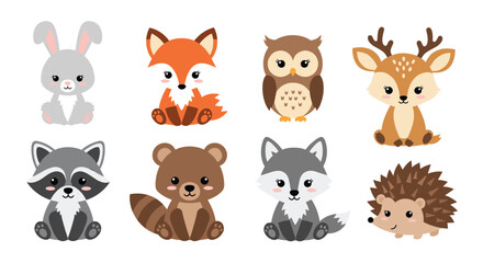 Fototapeta premium Cute forest animals set isolated on white background.