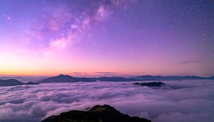 Dreamy Mountain Vista - Clouds and Starry Sky at Dusk.