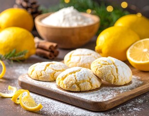 Baked goods, lemons, and flour are arranged on a wooden cutting board