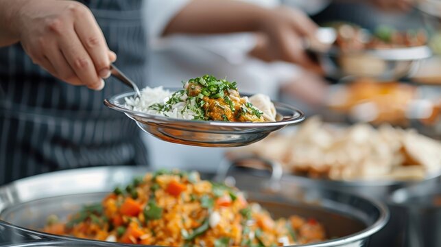 A vibrant Indian buffet with fragrant curries, naan bread, and rice dishes.
