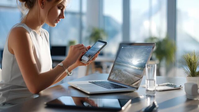 Business responsive design technology concept showcasing a professional woman using a laptop and smartphone in a modern office environment during daytime - Powered by Adobe