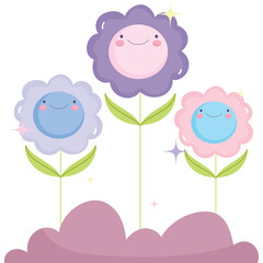 Three Cute Smiling Flowers In Pastel Colors With Sparkles And A Translucent Background