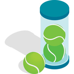 Tennis Balls Container Isometric Illustration with Three Green Tennis Balls and Dramatic Shadow