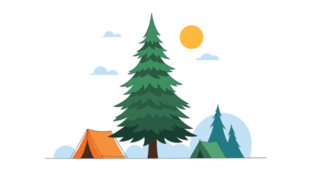Camping in the wilderness with tents and tall pine trees under a bright sun.