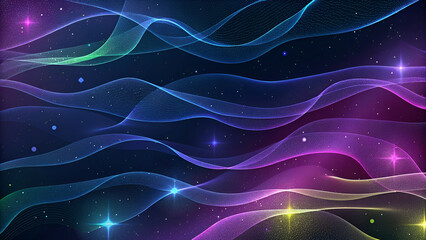 Fototapeta premium Abstract flowing light waves in a vibrant cosmic starry night sky background with futuristic purple, blue, and green gradients.