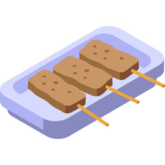 Three Brown Rectangular Tofu Skewers With Small Dots On A Light Blue Rectangular Plate With A White Background