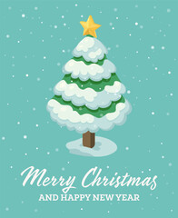 Isometric Christmas tree with snow and yellow star on turquoise background. Merry Christmas and Happy New Year greeting card.