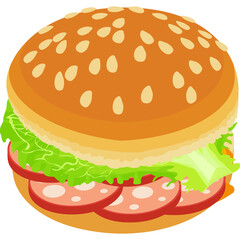 Isometric Style Burger Icon With Sesame Seed Bun Fresh Lettuce And Sliced Sausage Perfect For Food Icons And Graphics