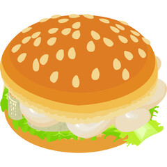 Isometric Style Burger Icon with Sesame Seed Bun Crisp Lettuce and Creamy Sauce on a Transparent Background