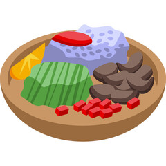 Isometric Style Food Bowl With Rice Meat Vegetables And Sauce On A Transparent Background