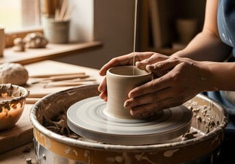 Fototapeta premium Hands shaping clay on pottery wheel in artisan workshop