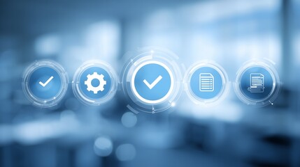 Icons representing quality control, settings, checklist, and documents on a blue background