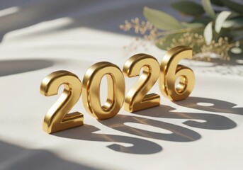 Golden 2026 numbers casting shadows on a textured surface