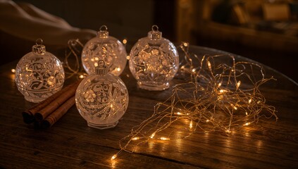 A table with four glass ornaments and a cinnamon stick