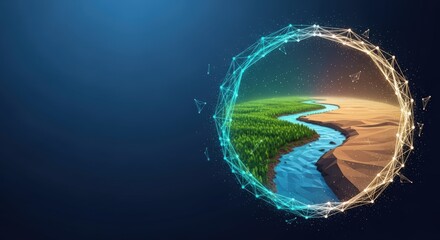 A digital Earth with a river passing through a wireframe circle