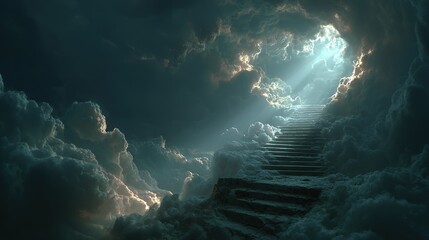 Stairs to Heaven. Ethereal Scene of a Majestic Staircase Leading to the Sky, Symbolizing Ascent and Inspiration.