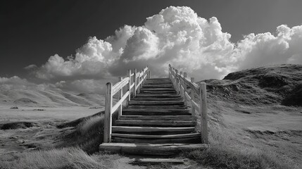 Stairs to Heaven. Ethereal Scene of a Majestic Staircase Leading to the Sky, Symbolizing Ascent and Inspiration.