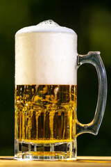 Golden craft beer poured outdoors. Beer splash against green nature background. Pouring amber ale in nature. Brewed beer with bubbles and foam.