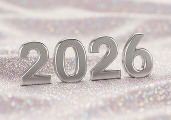 Shiny silver 2026 numbers on a glittering background