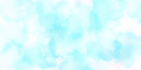 Summer beautiful pastel grunge blue sky with clouds artwork watercolor paper texture background.