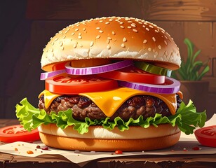 Deliciously stacked burger on a wooden table, ready to be devoured
