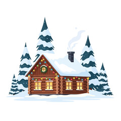 Cozy Christmas Log Cabin in Snowy Winter Forest Illustration