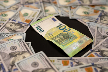 Euro and US dollar currency comparison concept. Dollars vs Euro currency. Financial success in USD and EU currency. Hundred dollar and euro bills. American money or European money. Currency and cash.