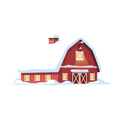 Cartoon Red Barn Covered in Snow, Winter Illustration