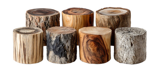 Natural Wooden Log Collection, Realistic Tree Stump Set Isolated on Transparent Background