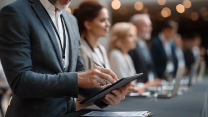 Businessman reviews conference registration materials while checking in attendees at a bustling event venue in mid-afternoon