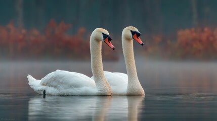 Mute Swans (Cygnus olor) Gracefully Floating on a Misty Lake in Early Morning, Hesse, Germany. Enchanting Wildlife Scene with Swans and Fog.