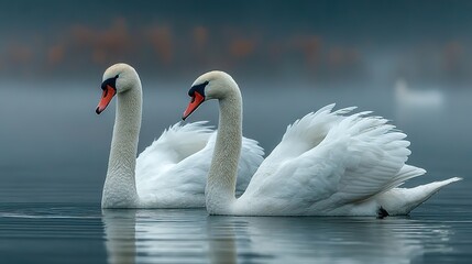 Obraz premium Mute Swans (Cygnus olor) Gracefully Floating on a Misty Lake in Early Morning, Hesse, Germany. Enchanting Wildlife Scene with Swans and Fog.