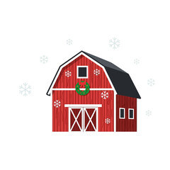 Festive Red Barn with Christmas Wreath and Snowflakes Vector Illustration