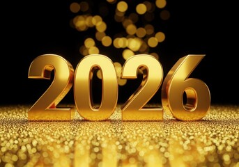Golden 2026 numbers with bokeh lights and glitter background