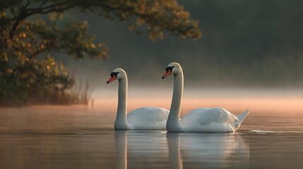 Mute Swans (Cygnus olor) Gracefully Floating on a Misty Lake in Early Morning, Hesse, Germany. Enchanting Wildlife Scene with Swans and Fog.