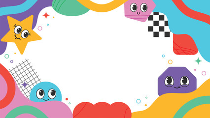 Vector cute colorful frame with happy cartoon shapes and characters for kids background