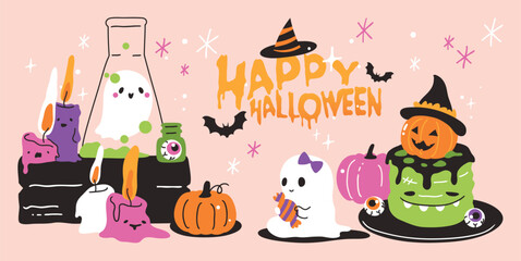 Naklejka premium Vector Happy Halloween banner with ghosts, pumpkins, bats, witch hat, cauldron, and pink background