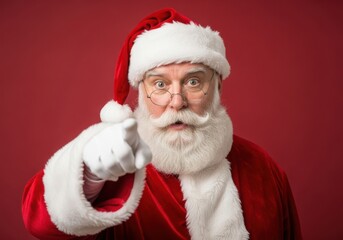 Santa claus points finger with surprised expression on red background