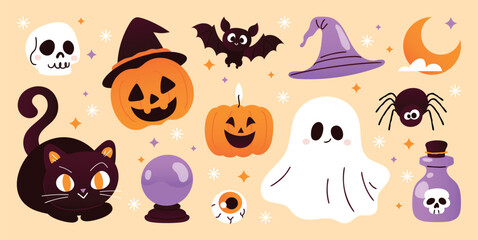 Vector Happy Halloween set with black cat, ghost, pumpkins, bat, skull, witch hat, and spooky decorations