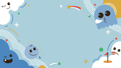 Vector cute colorful frame with happy cartoon shapes and characters for kids background