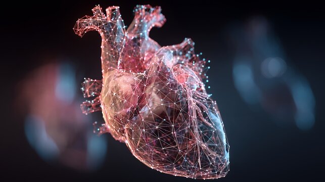 3D illustration of a human heart with glowing connections and digital network design elements - Powered by Adobe