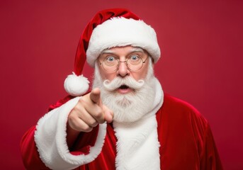 Santa claus points finger with a serious expression against red background