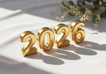 Golden 2026 numbers casting shadows on a textured surface